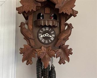 Black Forest Carved Cuckoo Clock with Dancers 3 Bird 5 Maple Leaf Design