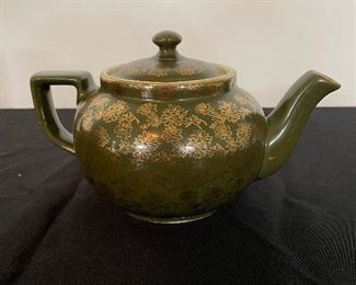 Vintage Hall China Floral Green with Gold Colored Accents Ball Teapot Handle with Lid