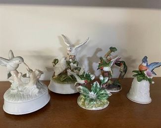 Vintage Porcelain Bird Figurines, Music Boxes, Bell