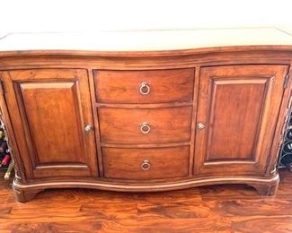 NOW $150  Reba Furniture sideboard with marble top, storage cupboards flanking 3 drawers (top is lined for silver storage).   Additional photos available.