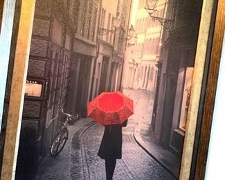 NOW $95 Framed print transfer to canvas, "Red Rain" by Stefano Corso. Overall: 60" H x 44.5" W. Site: 47" H x 31" W.  Additional photos available.