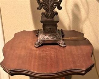 Antique table; lamp