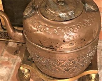 Antique copper tea kettle; brass fireplace stand for tea kettle