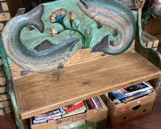 Wood Carved Trout Bench