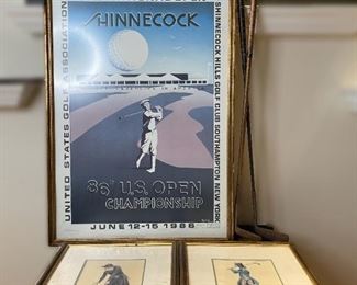 GOLF THEMED FRAMED ART WITH A PAIR OF VINTAGE CLUBS