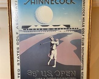 GOLF THEMED FRAMED ART WITH A PAIR OF VINTAGE CLUBS