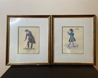 GOLF THEMED FRAMED ART WITH A PAIR OF VINTAGE CLUBS