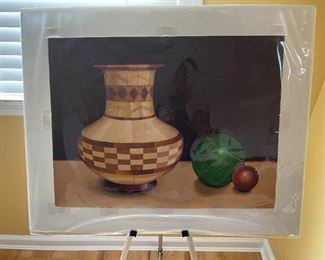 ORIGINAL ART BY BRUCE WITHERS "WOODEN VASE, GREEN AND RED BALLS"