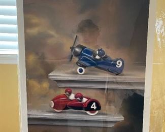 ORIGINAL ART BY BRUCE WITHERS "BLUE AEROPLANE AND RED MOTORBIKE WITH SIDECAR"