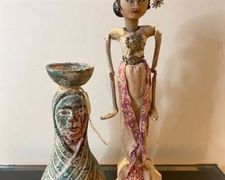 VINTAGE MARIONETTE AND CAST IRON ETCHED FIGURINE/CANDLEHOLDER