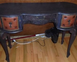 Kidney shape wood table w/leather tufted ends and drawers