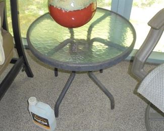 Pair patio swivel/rocker chairs w/foot stools & 2 matching round glass top tables