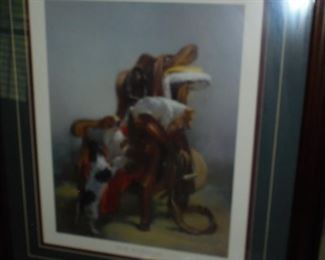 Matted & framed picture Jack Russells on chair w/saddle