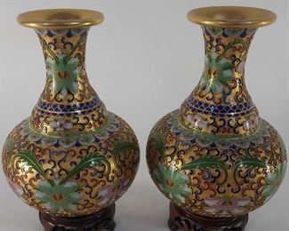 Cloisonne Vases with Wooden Bases