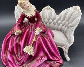 Florence Ceramics Lady Elizabeth in Royal Red on Dove Grey Settee