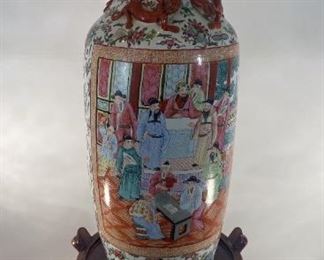 Large Asian Style Vase and Wooden Base