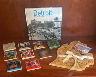 Michigan Cutting Board and Detroit Coasters and Coffee Table Book