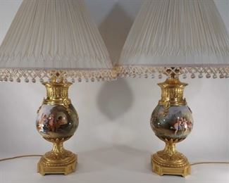 Sevres Style Hand Painted Ceramic And Brass Table Lamps