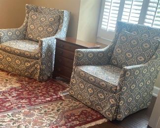 Two Lee Chelsea Blue Swivel Chairs And A Pennsylvania House Side Table