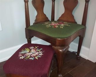 Vintage Corner Armchair and Footrest With Needlepoint Upholstery