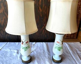 Pair Vintage White Painted Bird Lamps