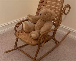 Adorable Cane Childrens Rocking Chair with a Vermont Teddy Bear Co Bear