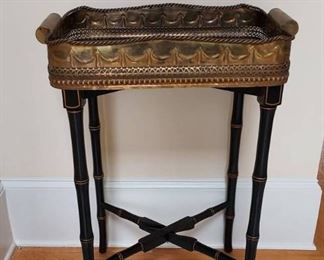 Elegant Hollywood Regency Style Brass Tray on Ebonized Giltwood Stand