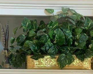Faux Plant in a Lacquered Brass Planter and a Vase with Feathers