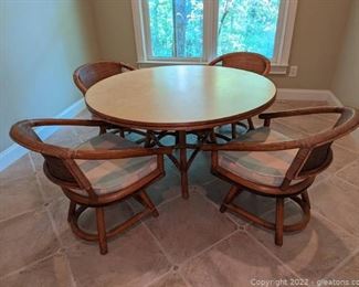 Flicks Reed Rattan Swivel Chairs and Pedestal Table