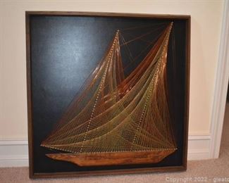 Framed String Art Ship by BOB Kramer MCM 1971 Signed on Back