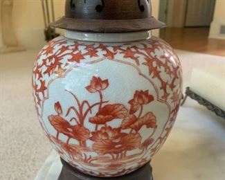 Hand Painted Temple Jar with Wooden Base and Lid