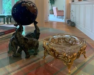 Hollywood Regency Ashtray and an Iron Elephant Sculpture Holding Up the World