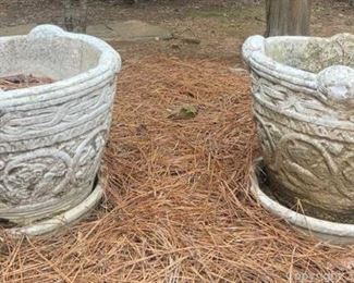 Pair of Cement Planters with Under Plates