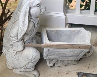 Porch Heavy Yard Sculpture of a Rabbit Pushing a Cart