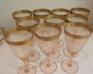 Stunning and Rare Vintage Pink Tiffin Franciscan Wine Water Glasses with Etched Gold Trim
