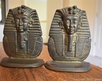 Vintage Brass Egyptian Bookends King Tut Revival Style Pharoah