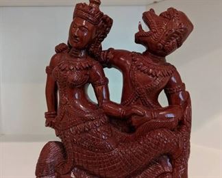 Wood Carved Hanuman Monkey God Ramayana and Suvannamaccha Mermaid Statue