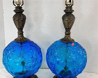 PAIR BLUE GLASS MCM / MID CENTURY MODERN TABLE LAMPS 