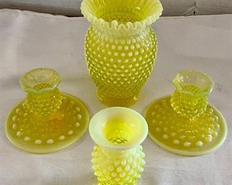 VINTAGE VASELINE OPALESCENT HOBNAIL GLASSWARE 