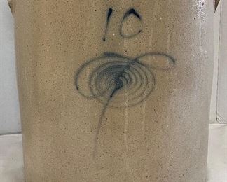 LARGE ANTIQUE 10 GALLON BLUE DECORATED STONEWARE CROCK