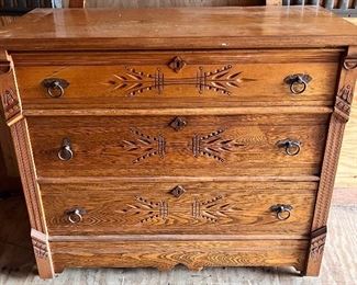 ANTIQUE OAK 'SPOON CARVED' 3 DRAWER DRESSER WITH MIRROR...MIRROR NEXT PHOTO