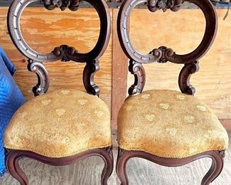 PAIR OF ORNATE CARVED VICTORIAN WALNUT PARLOR CHAIRS