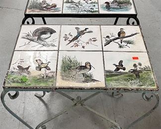 PAIR VINTAGE TILE TOP WROUGHT METAL SIDE TABLES