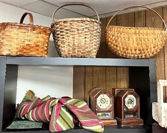 ANTIQUE SPLINT BASKETS, ANTIQUE ROSEWOOD MANTLE CLOCKS