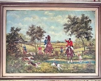 LARGE ARTIST SIGNED OIL ON CANVAS FOX HUNT PAINTING 