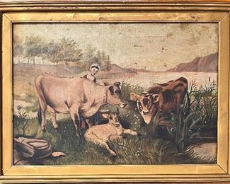 OIL ON CANVAS LANDSCAPE PAINTING WITH COWS