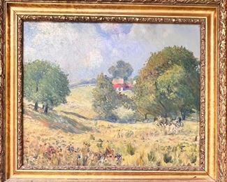 OIL ON CANVAS IMPRESSIONIST LANDSCAPE PAINTING WITH FARM HOUSE AND HORSE & BUGGY
