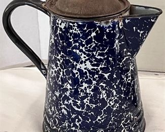 COBALT BLUE & WHITE SWIRL GRANITEWARE TEAPOT 