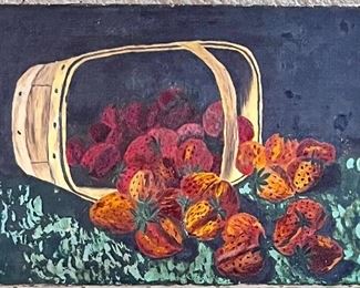 OIL ON CANVAS STILL LIFE PAINTING - BASKET OF STRAWBERRIES