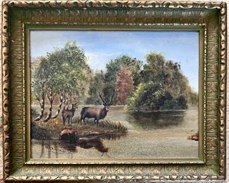 ANTIQUE OIL ON CANVAS LANDSCAPE PAINTING WITH ELK 